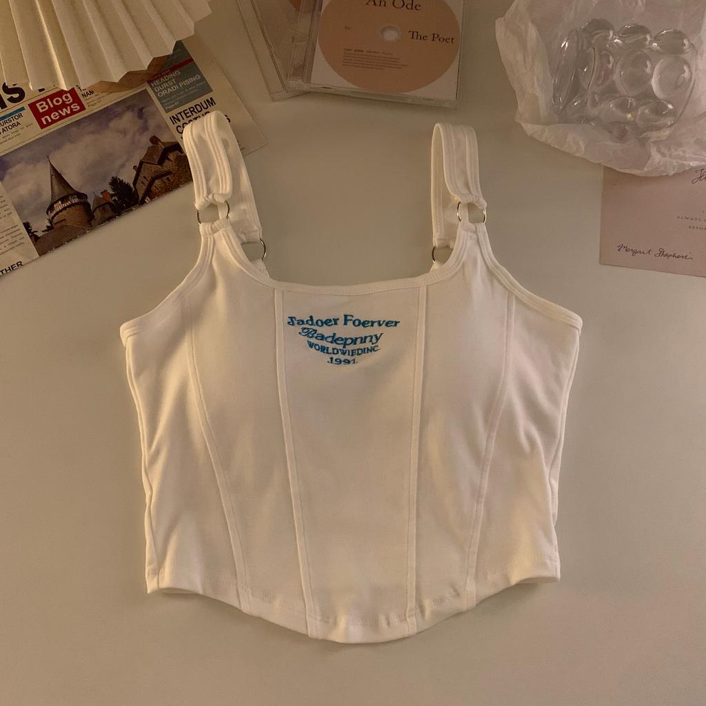 Letter Embroidered Knitted Short Tank Tops With Bra Pad Sexy Slim Stripe Tops Shoulder Belt Iron Ring Tank Top