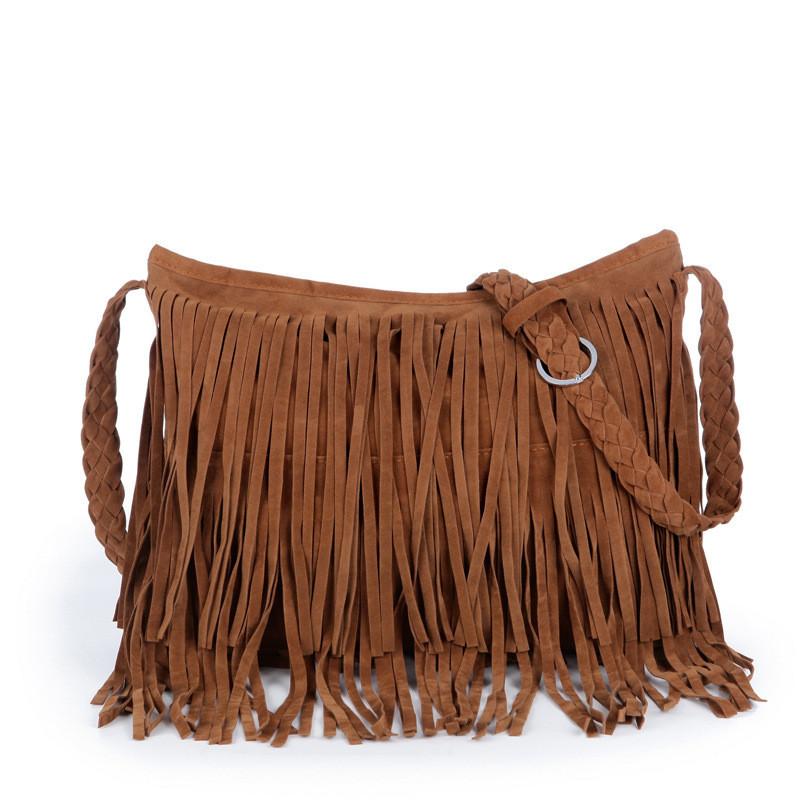 Bohemian Style Womens Pu Velvet Tassel Shoulder Bag With Zipper Closure For Casual Daily Use