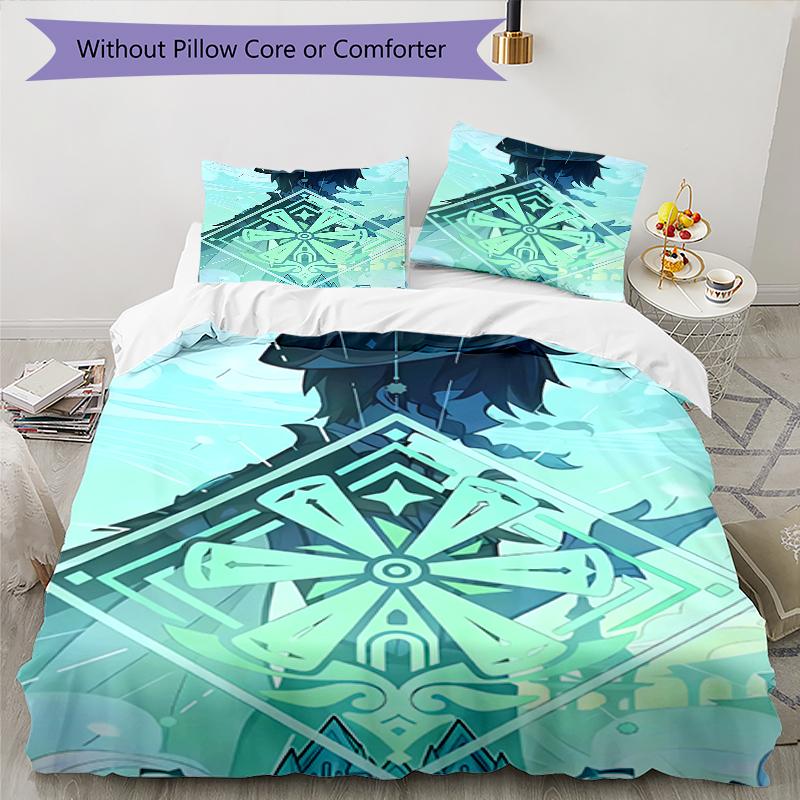 3pcs Genshin Impact pattern bedding set duvet cover set includes duvet cover &pillowcases, perfect all season bedroom decoration & gift