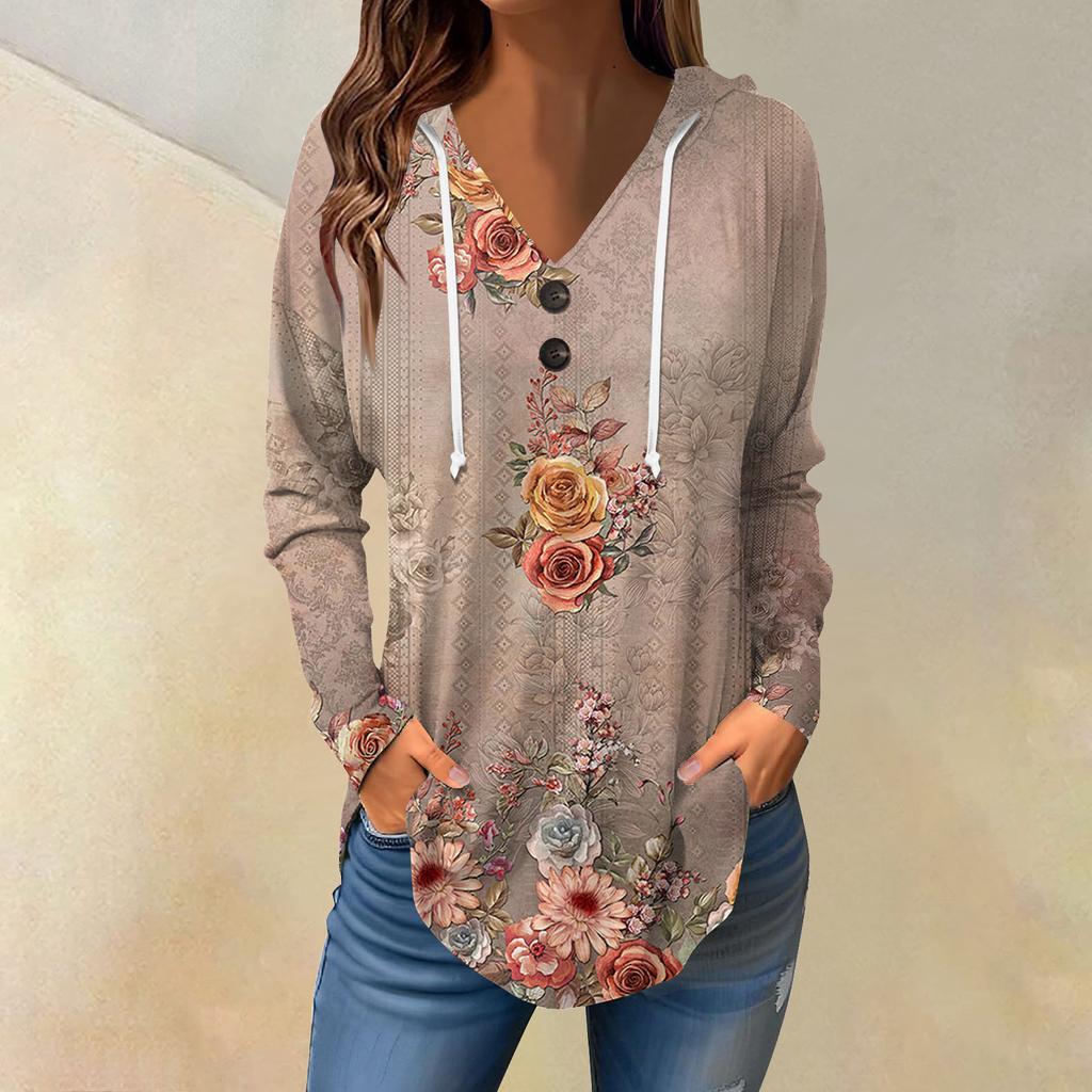 Женские повседневные модные однотонные толстовки с капюшоном на пуговицах и длинными рукавами с V-образным вырезом