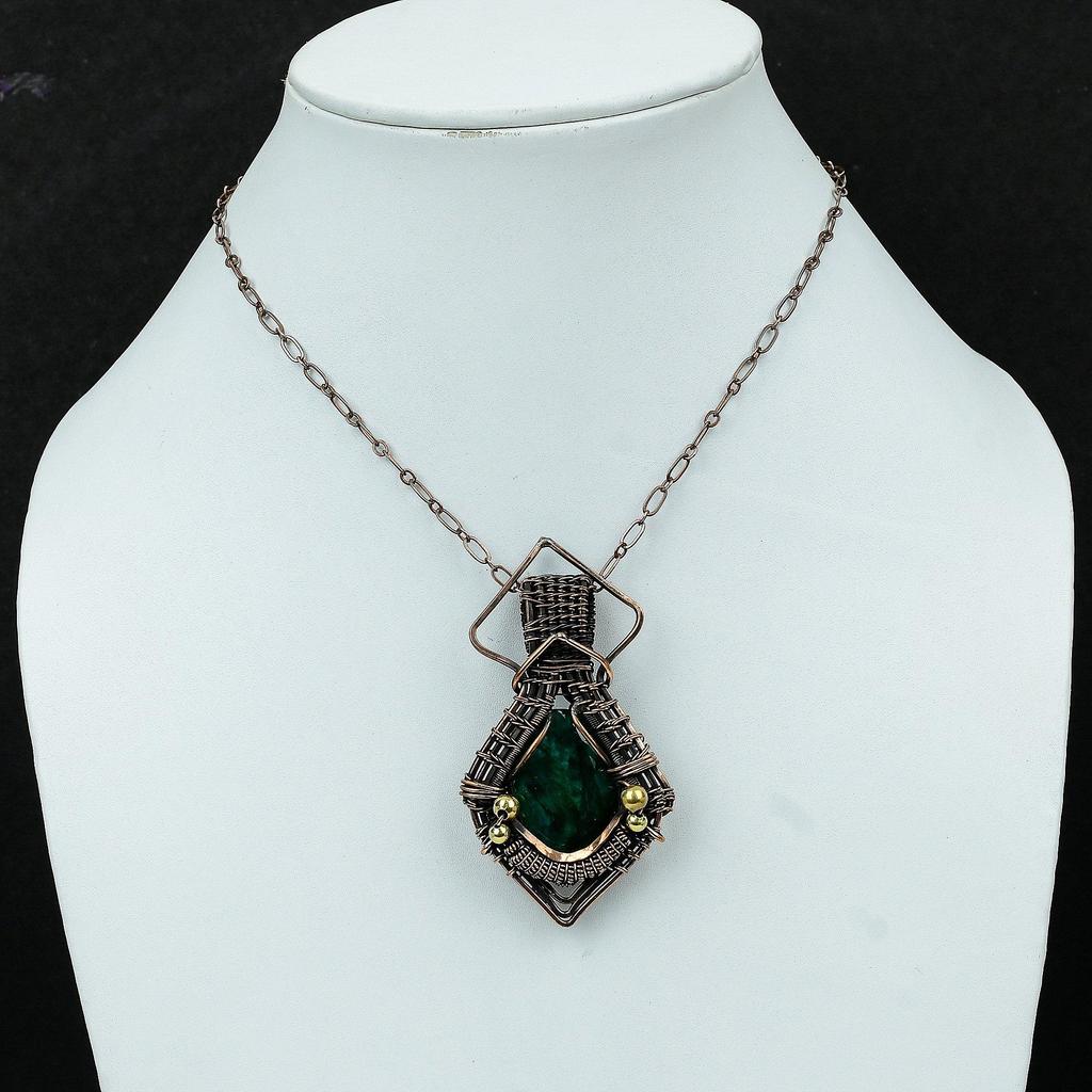 Граненый Замбийский Изумруд Подвеска Подвеска из Драгоценного Камня, Обмотанная Медной Проволокой Украшения Ручной Работы Удивительная Подвеска Украшения из Медной Проволоки Подарок для Мамы
