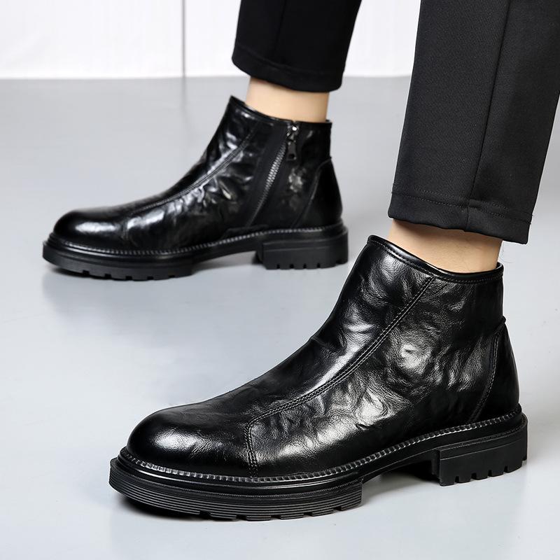 Модные новые кожаные ботинки на молнии сбоку, мотоциклетные ботинки из натуральной кожи, полусапоги челси средней высоты для мужчин с увеличением роста