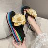 Wedge Heel Pinch Slippers Outer Wear Flower Height-increasing Slippers 2025 Summer New Beach Seaside Slippers Thick-soled Flip-flops