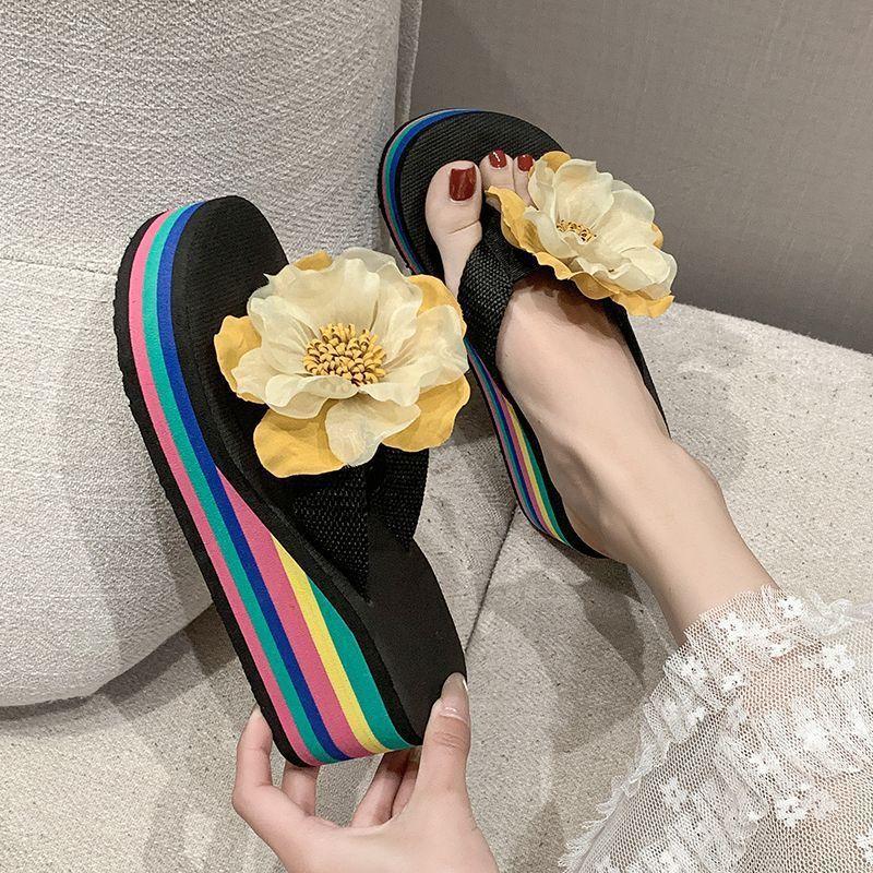 Fairy Flower High Heel One-word Slippers Female 2025 Outer Wear Fashion with Skirt Thick Bottom Slope Heel Beach Cool Slippers
