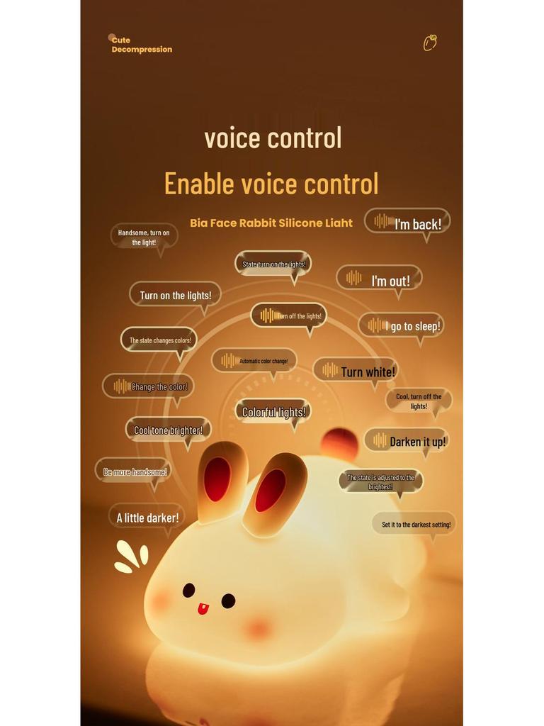 Large Face Rabbit Night Light with Voice Control and Timer - Soft, Colorful, Cute Sleep Aid Atmosphere Light