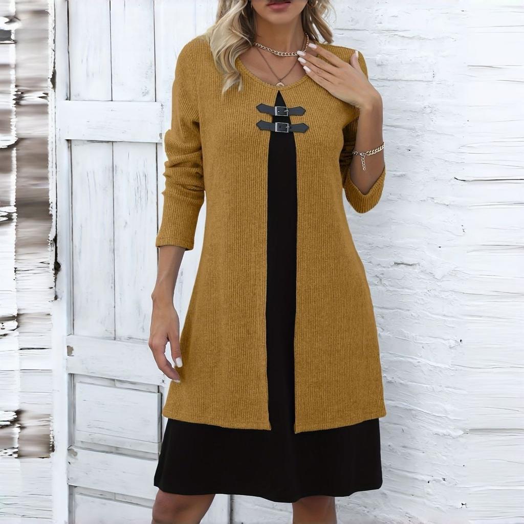 Женское цельное платье с цветными блоками, круглым вырезом, длинными рукавами и застежкой на пуговицы, повседневное элегантное платье