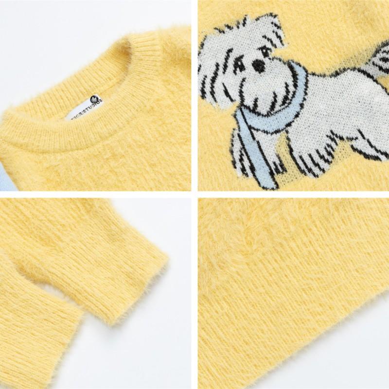Korean Style Cartoon Dog Jacquard Sweater Soft Faux Mink Knit Top Loose Fit Teens Daily Wear