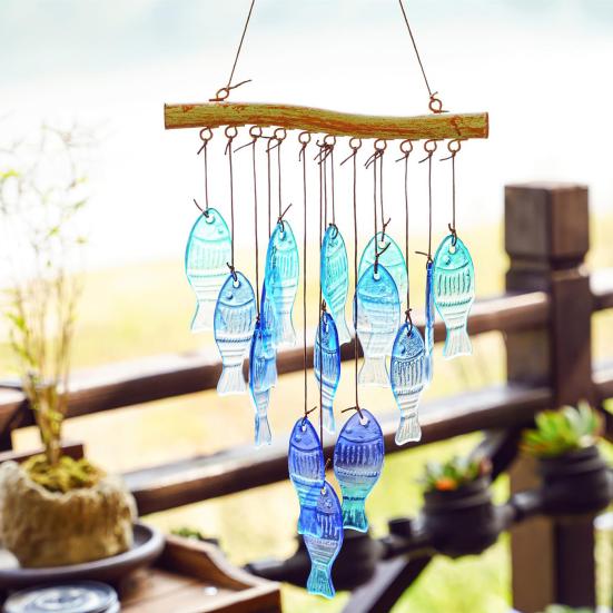 Синий Стеклянный Рыбка Колокольчик Ветра Ручной Работы Морская Тема Ловец Солнца Для Дома Улицы Сада Двора Патио Подвесной Декор Колокольчик Ветра