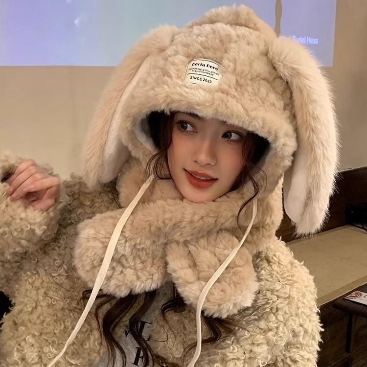 Милая и модная плюшевая шапка с длинными кроличьими ушами в корейском стиле для женщин, теплая и универсальная, подчеркивающая лицо, с защитой ушей и шеи