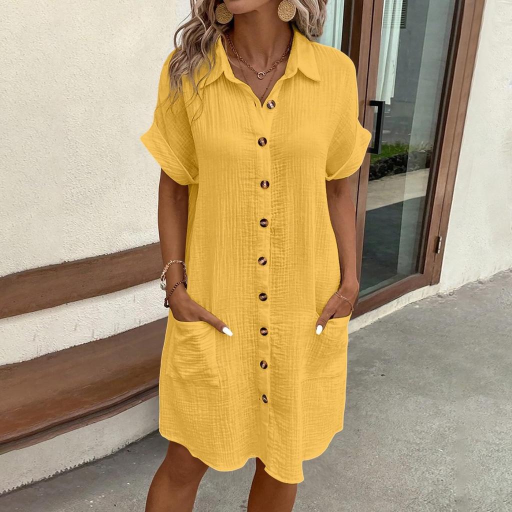 Women'S Fashion Summer Minimalist V-Neck Button Up Dress Woman Cotton Linen White Short Sleeved Pocket Casual Loose Shirt Dress