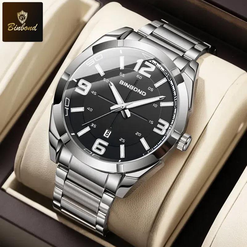BINBOND Мужские часы Большие цифровые модные деловые водонепроницаемые календарные ночные светильники из нержавеющей стали кварцевые мужские часы мужской подарок
