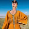 Middle Eastern Women's Clothes Solid Color V Neck Handmade Rhinestone Loose Shoulder One Sleeve Slim Fit Muslim Dress
