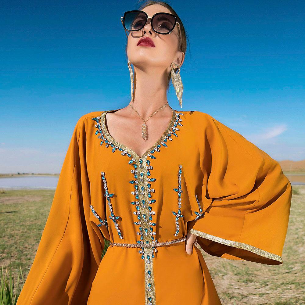 Middle Eastern Women's Clothes Solid Color V Neck Handmade Rhinestone Loose Shoulder One Sleeve Slim Fit Muslim Dress