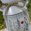 Farmhouse Decor Vase Vintage Iron Flower Bucket, Rustic White Double-Handle Metal with Floral Print & Jute Dried Holder Bow, Tabletop for