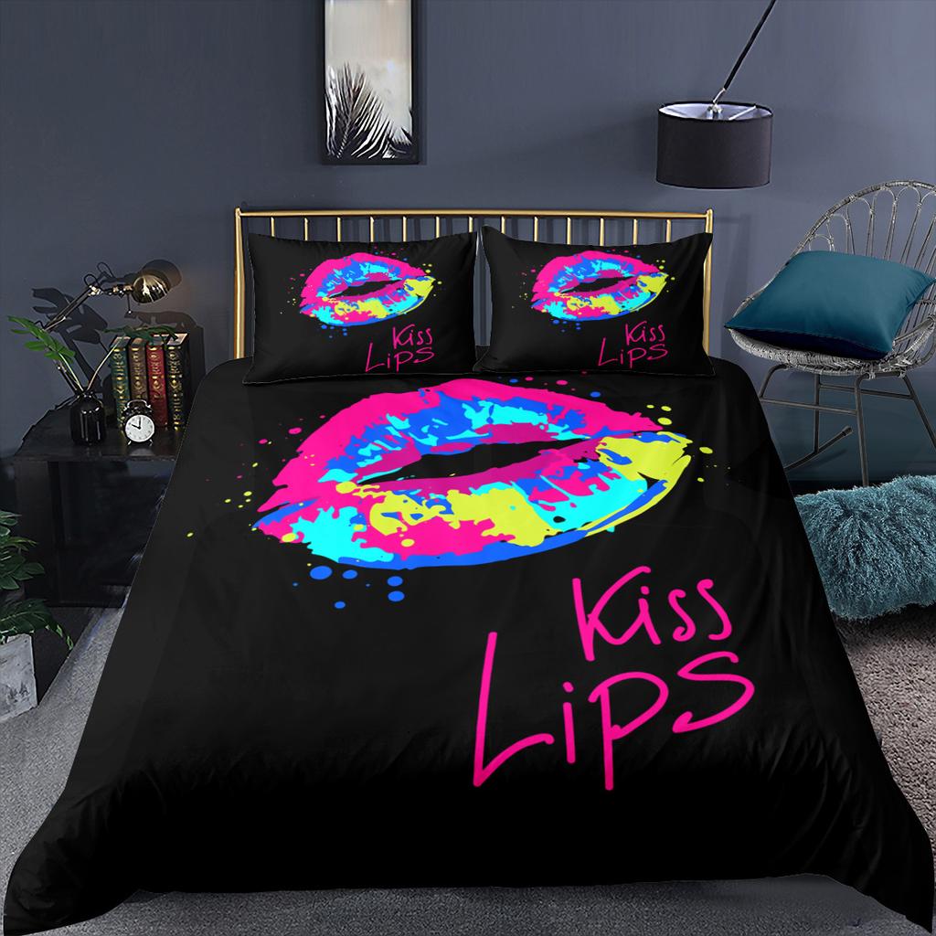 3D Color Lip Print Bedding Set Deluxe Home Bedroom Quilt Cover and Pillowcase Microfiber Material 2/3 Bedding Decoration