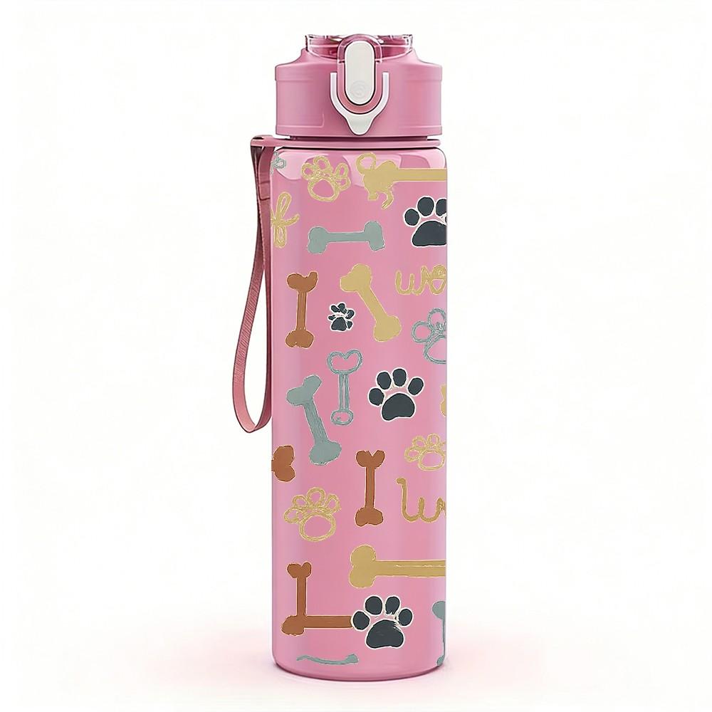 1PC Paw Bone Dog Seamless Pattern Print 750ml Color Plastic Sports Water Bottle Leakproof Flip Straw Lid Suitable for Sports Office Home Use