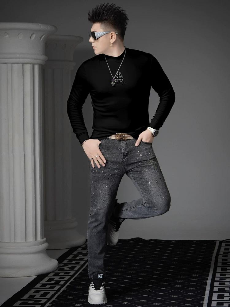 European-Style Men's Long-Sleeve T-Shirt 2025 New Trendy Brand Printed Casual Top Men's Autumn Half-Turtleneck Base Shirt