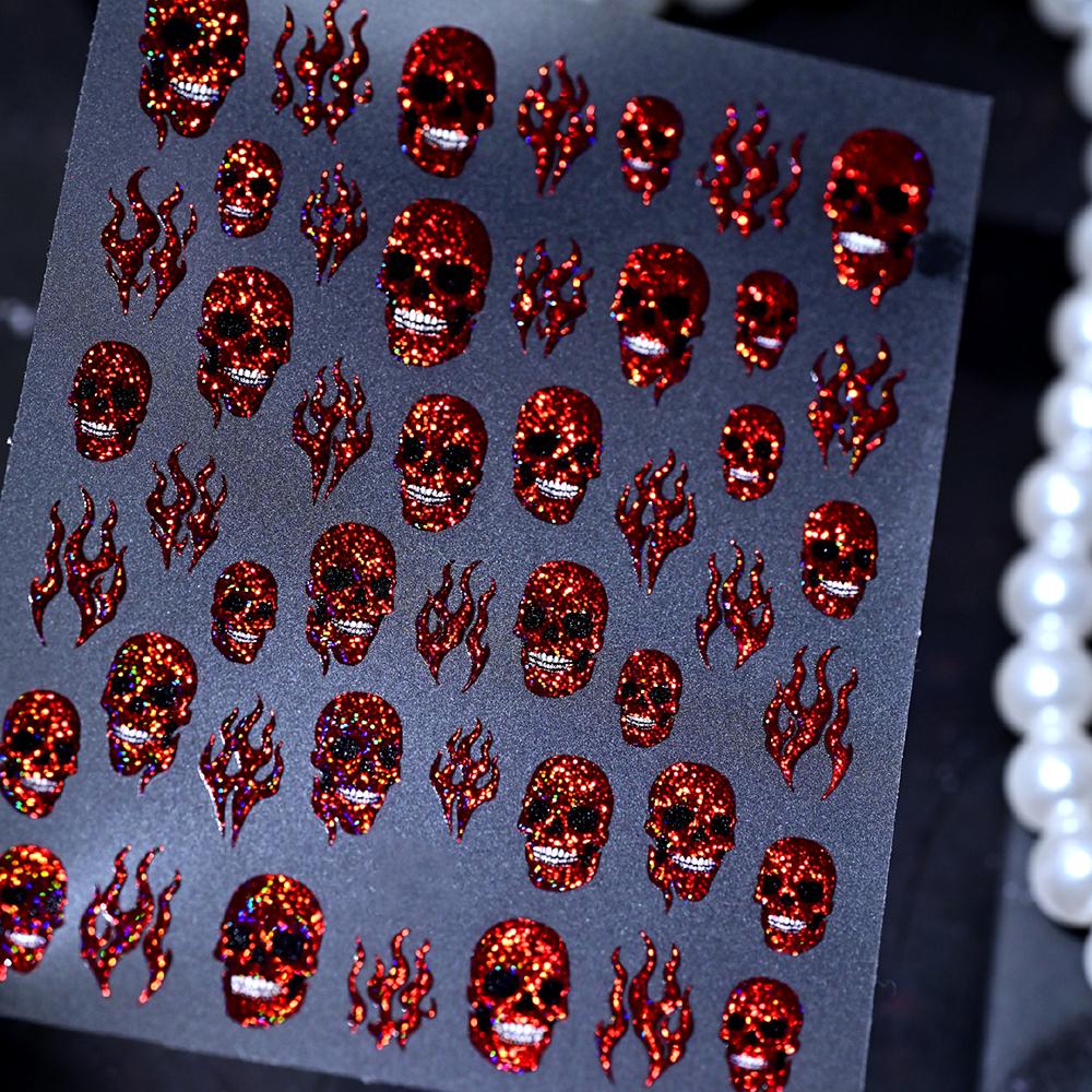 1pcs 3D Halloween Skull & Falmes Nail Stickers Laser Holographic Skull Flame Nail Decals Self-Adhesive Halloween Nail Supplies 3