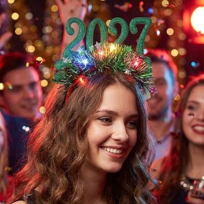 Light‑Up 2027 New Year Headband Star Tinsel Party Hair Accessory Christmas Head Hoop Holiday Party