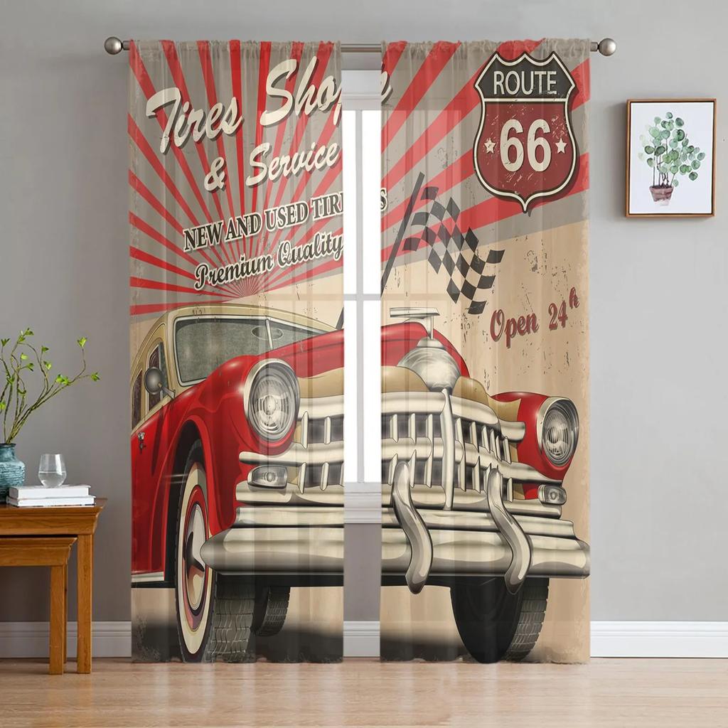 Автомобиль Ретро Прозрачные Шторы Гостиная Окно Тюль Шторы Для Спальни Кухня Домашнее Украшение Вуаль Шторы