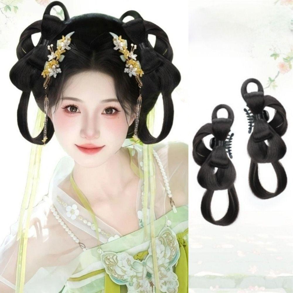 2Pcs Black Chinese Double Chignon Headdress Integrated Hair bun For Women