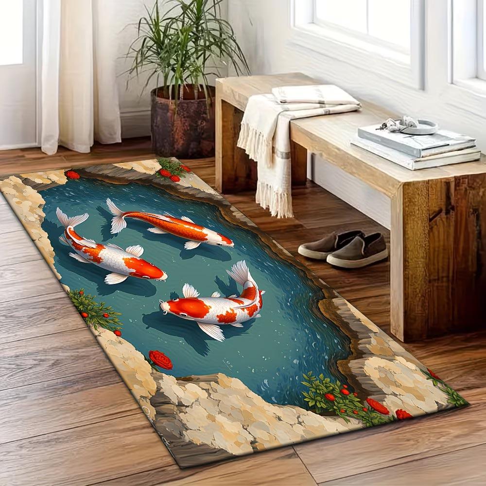 3D Koi Fish Pond Runner Rug Long Kitchen Mat Non-Slip Hallway Entry Carpet Aesthetic Water Graphic Bedside Decor Floor Rugs