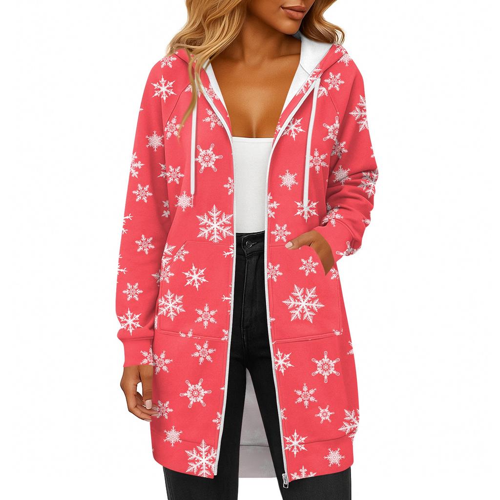 Женская модная рождественская толстовка с длинными рукавами, капюшоном на кулиске, карманом на молнии, длинная, повседневная