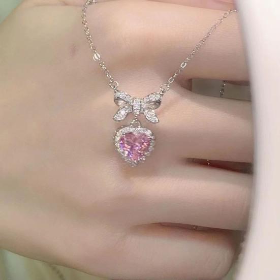 Women Necklace Sparkling Rhinestones Heart Bow Design Pendant Necklace Valentine Day Anniversary Jewelry Gift