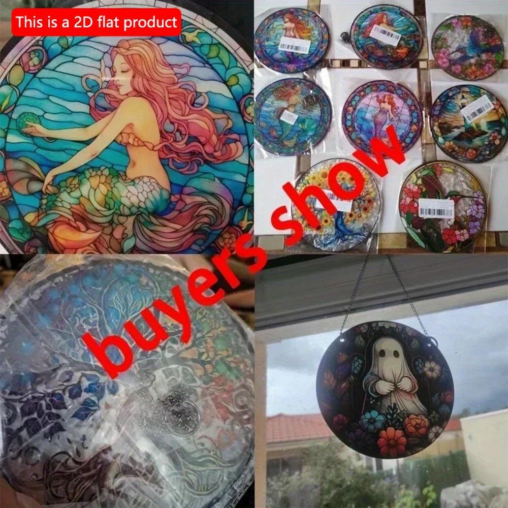 1pc 2d Flat Wood Animals Panda Print Stained Window Suncatcher Home Room Wall Decor Cat Pattern Wooden Sign - 20cm Round Wooden Hanging Pendant DIY