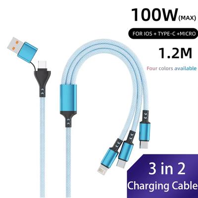 Кабель для зарядки и передачи данных 3-в-1 100 Вт Type-C Micro USB Двухпортовый шнур Быстрая зарядка для устройств с питанием от USB Прочная линия для синхронизации и зарядки