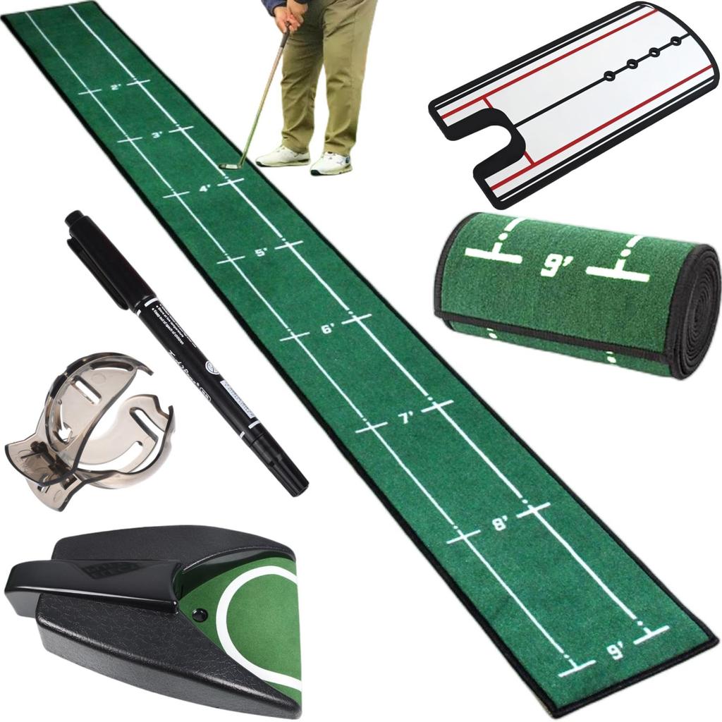 Gavit Putting Practice Equipment 5-Piece Set, Putting Mat, Golf Practice Mat, Auto Returner, Putting Mirror, Golf Ball Marker