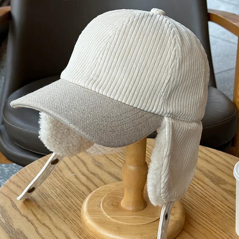 6 Panel Plain Dad Hat Keep Warm Cold-Proof Cap with Ear Flaps Winter Thickened Corduroy Baseball Cap