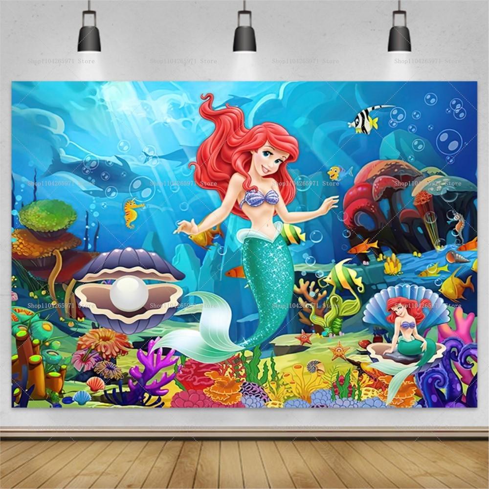 The Little Mermaid Ocean Backdrop Lovely Girl Birthday Party Decor Baby Shower Supplies Photo Backdrop Party Wall Banner