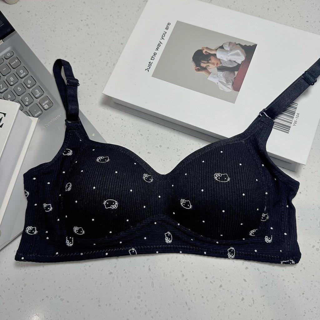 Cute cat small breasts slightly gathered underwear for women without steel rims, girl student anti-sagging thin breathable comfortable bra