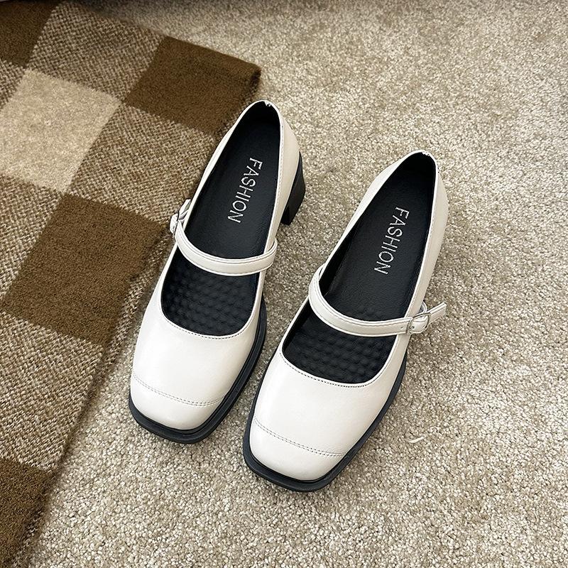 Мягкая кожа с туфлями Мэри Джейн женский толстый каблук черный средний каблук маленькие кожаные туфли квадратный носок одинарные туфли