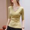 Bottom Shirt Women's Spring and Autumn New Women's Clothing Medium-sleeved Wool Sweater Design Sense Cross V-neck Waist Top