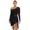 Womens Tango Dance Dress Oblique Shoulder Fringed Design with Sheer Mesh Patchwork and Irregular Hem Latin Costume