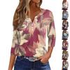 Women's Fashion Casual Floral Print V-Neck Decorative Button Three-quarter Sleeve T-Shirt Top