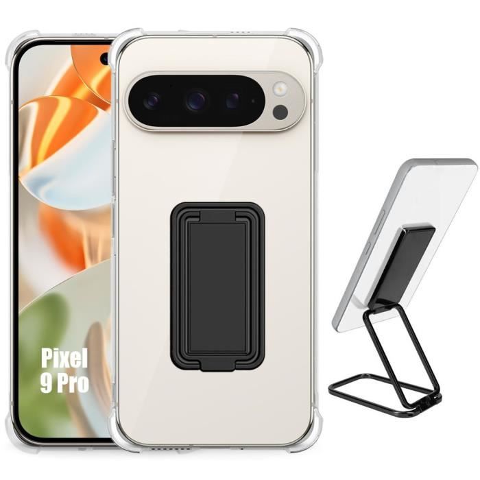 Coque pour Google Pixel 9 Pro, Silicone Transparent Antichoc avec Support Ajustable Métal Noir
