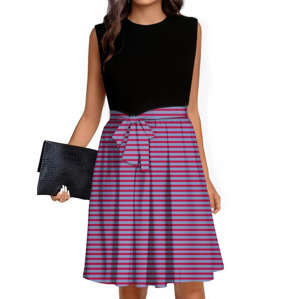 Women's Fashion Striped Printed Casual Lace-up Sleeveless Round Neck Splicing Short Dress