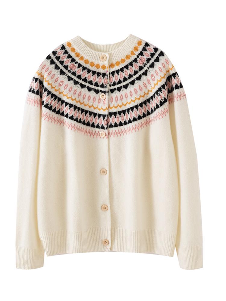 Ethnic Jacquard Round Neck Knit Cardigan - Women's Casual Sweater Top (2025)