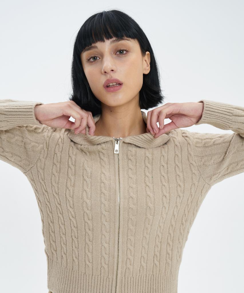 BLOND9 Fluffy Cable Knit Zip-Up_Sand