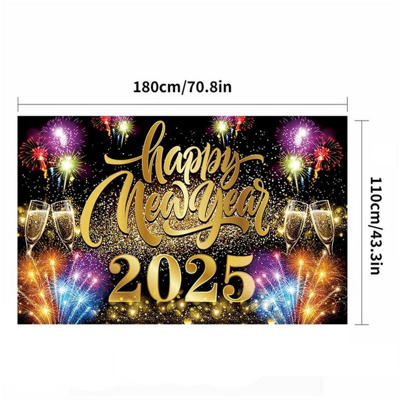 Баннер "С Новым 2025 годом" Новогоднее черно-золотое украшение для вечеринки Фон 71 х 43 дюйма Фотофон Невыцветающие новогодние баннеры