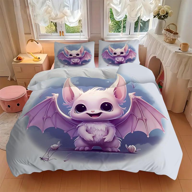 3pcs Cute Purple Bat Quilt Cover Set - Soft and Cozy Bedroom, Guest Room and Dorm Decorative Bedding 3-Piece Set 1 Quilt Cover + 2 Pillow Shams.H