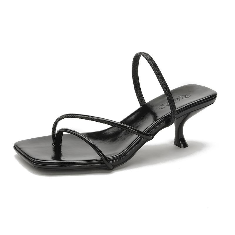 2025 Summer New French Square Head Kitten Heel Pinch Sandals Large Size High Heel Flip-flops Women's Fashion Outer Wear