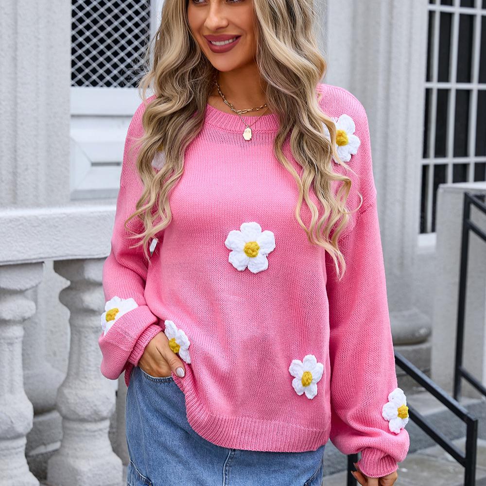 Осенне-зимний женский пуловер с цветочным принтом, круглый вырез, длинный рукав, трикотаж