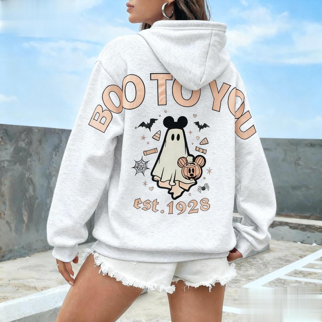 Хэллоуин Микки Бу Для Тебя Винтажный Мультяшный Принт Толстовка Женская Мужская Повседневный Пуловер Худи Осень Уличная Одежда Дисней Унисекс