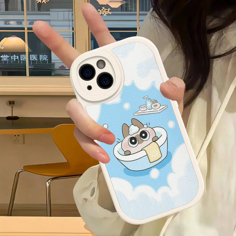 Cartoon Siamese Cat Couple Phone Case for iPhone 16 15 14 11 12 13 Pro Max Plus Back Leather Shell