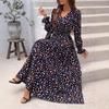 Women Floral Print V-neck Long Sleeve A-Line Dress Spring Summer Casual Elastic High Waist Ankle-Length Dresses