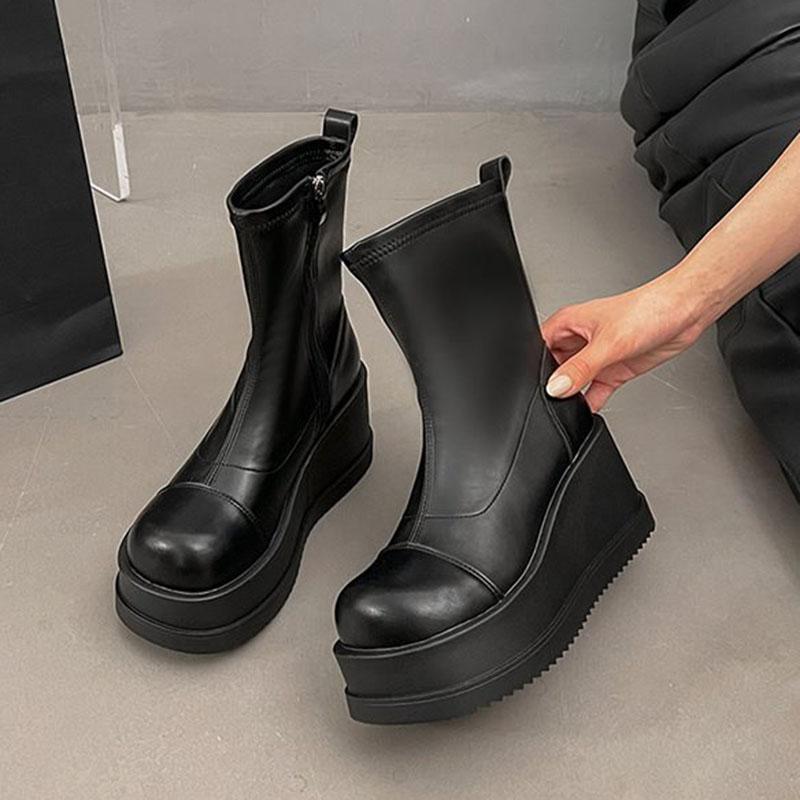 Модные женские ботильоны на платформе, с круглым носком, женские осенние готические ботильоны на высоком каблуке, женские короткие ботинки на танкетке, с боковой молнией, женские ботильоны
